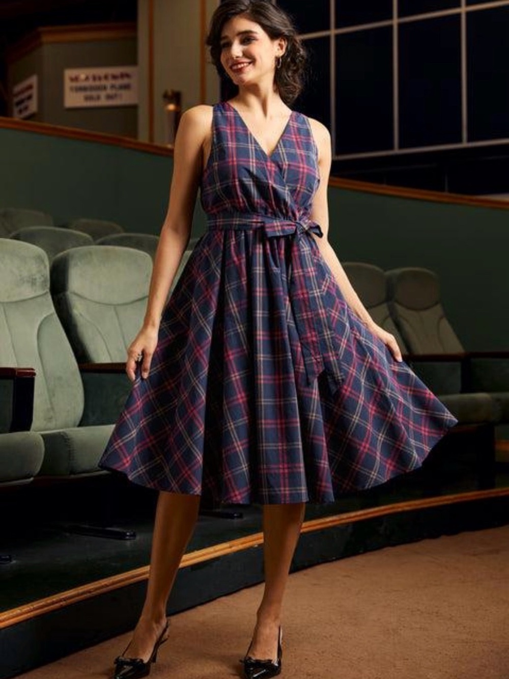 Classic Navy Plaid Fit-and-Flare Dress